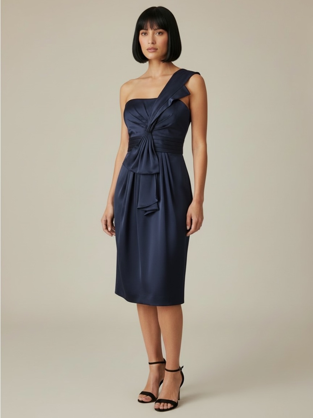 BCBGMaxazria navy blue one-shoulder dress